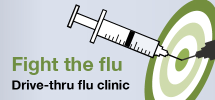 A syringe with needle hitting a bullseye, Fight the flu, Drive-thru flu clinic