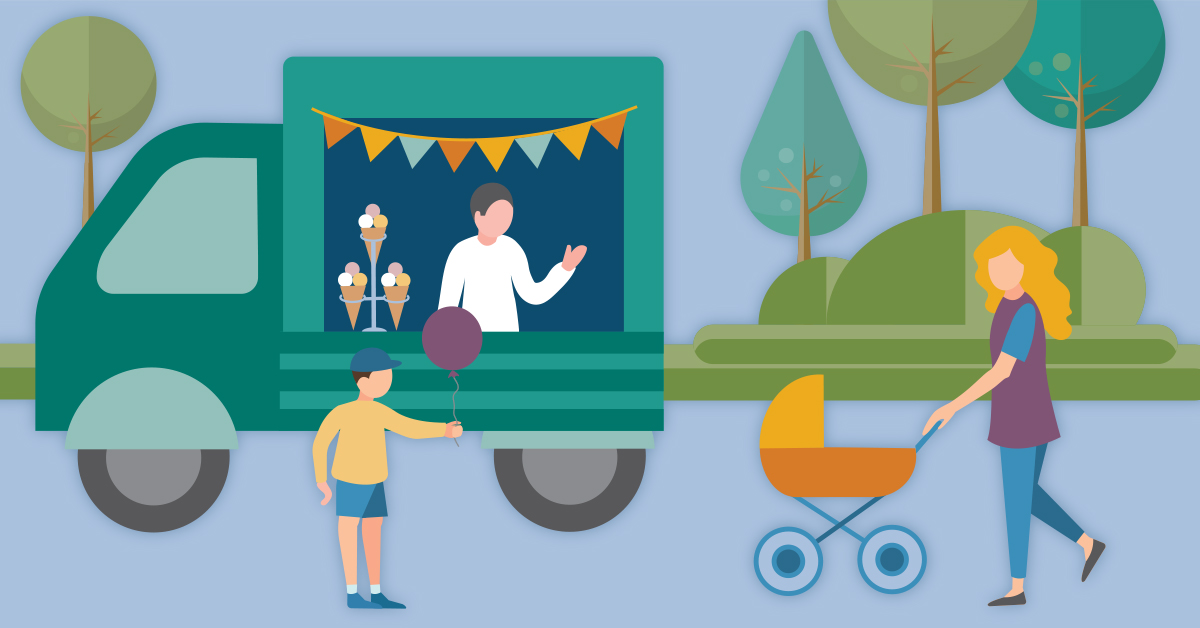 Illustration of summertime activities including food truck, a mother with a baby stoller, a boy with a balloon, and trees in the background