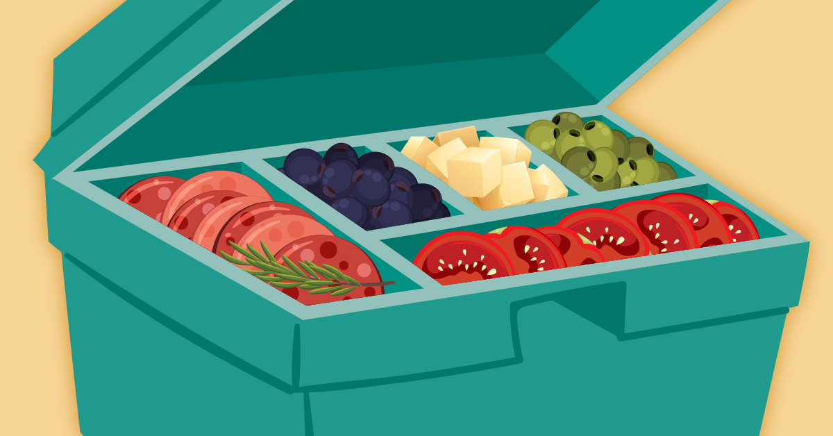 Illustration of different colored foods in a green container that has dividers.